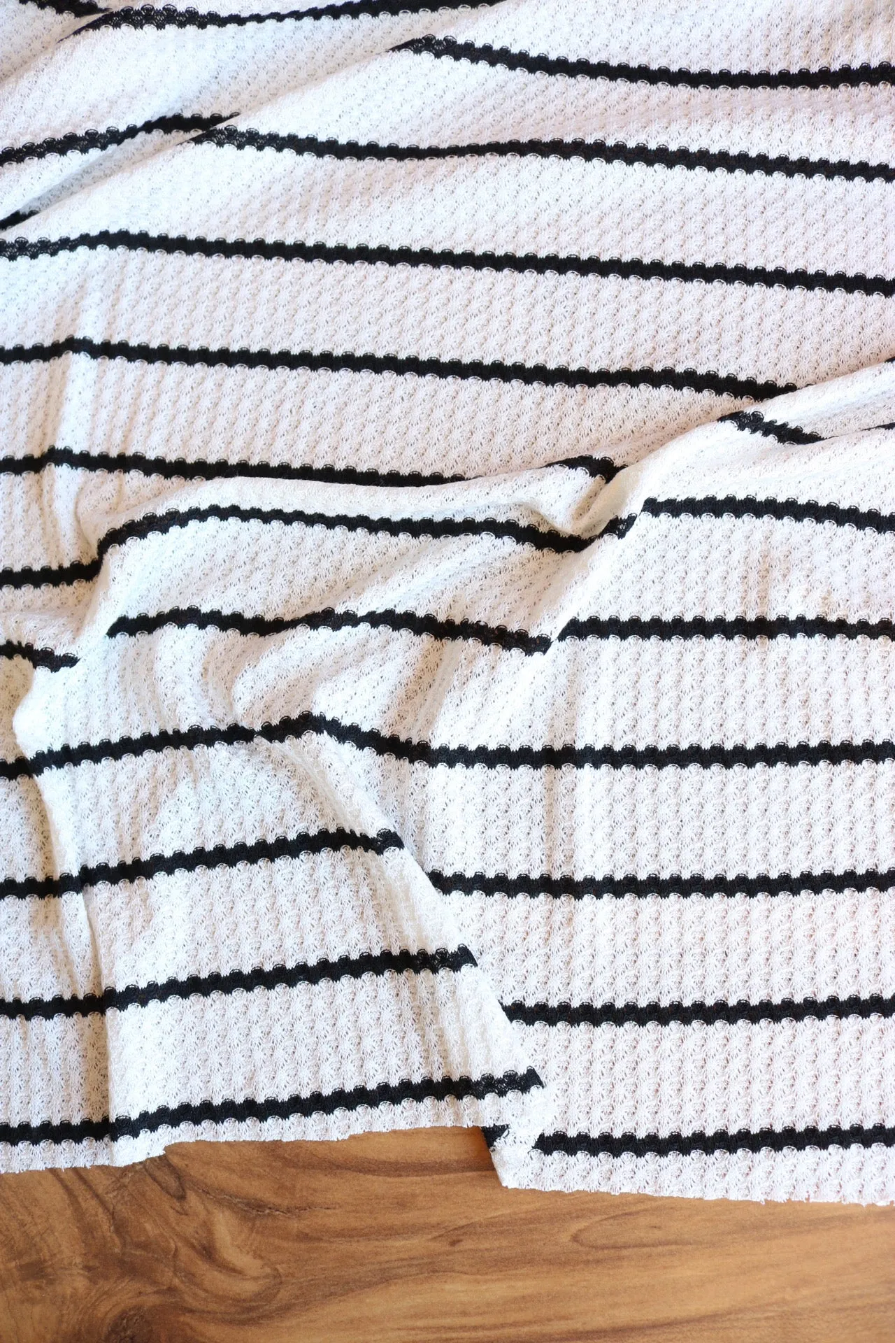 1.5" Ivory & .5" Black Stripe Waffle Sweater Knit