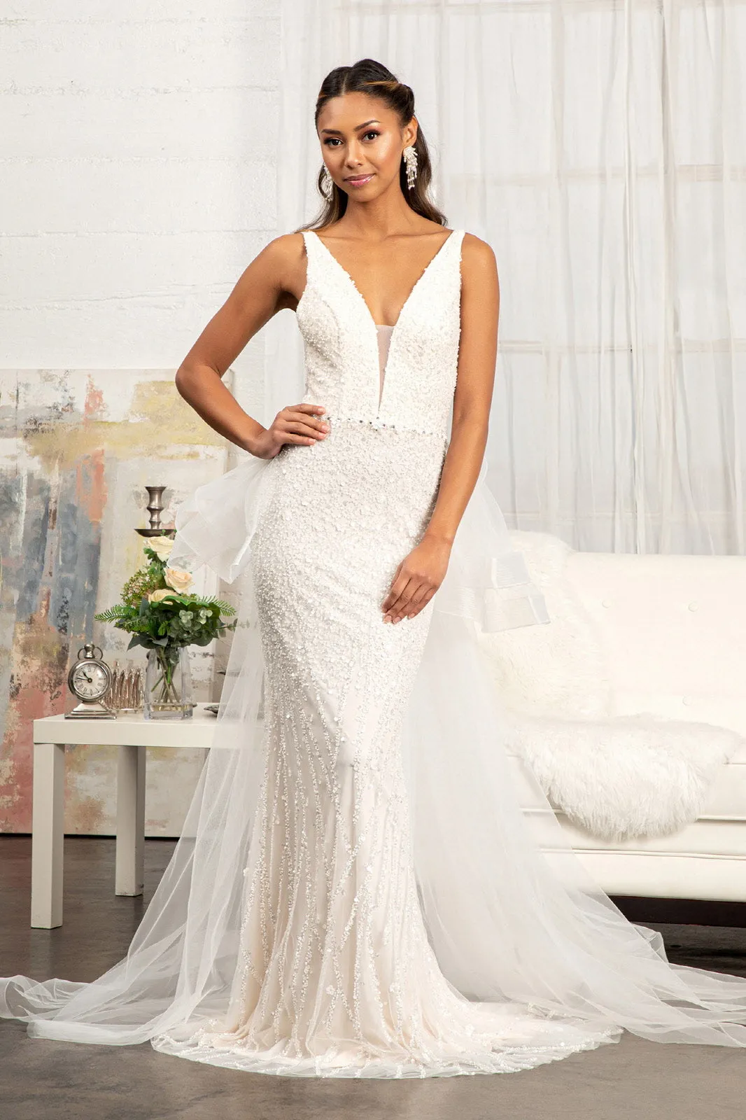 3-D Flower Applique Mermaid Mesh Wedding Gown Detached Mesh Layer GLGL3014