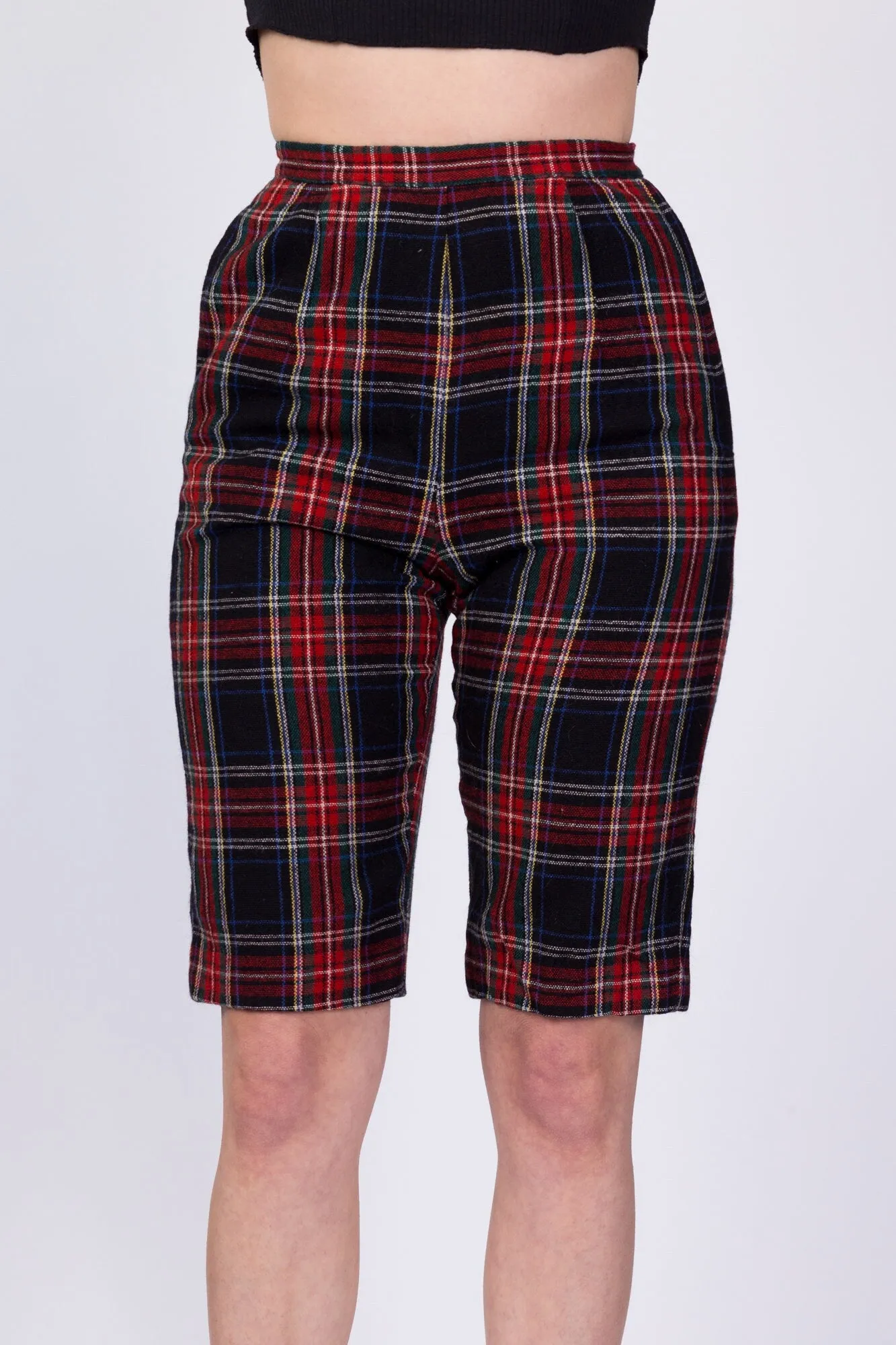 70s Red & Black Plaid Long Fitted Shorts - Extra Small, 24"