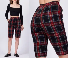 70s Red & Black Plaid Long Fitted Shorts - Extra Small, 24"