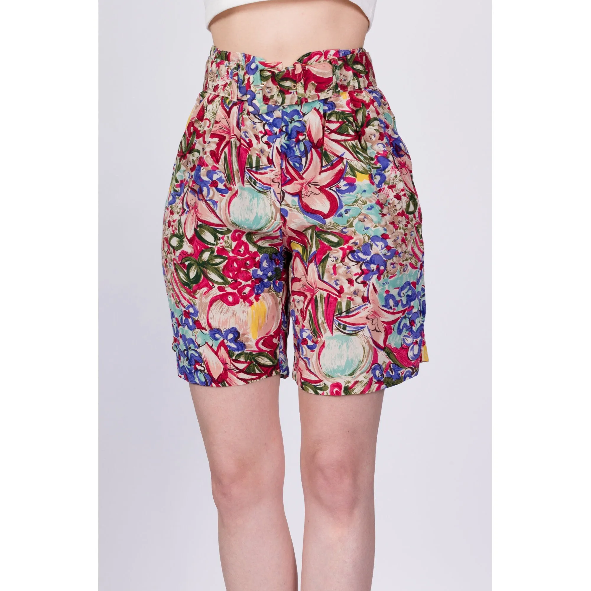 80s Floral Belted Shorts - Small, 26"