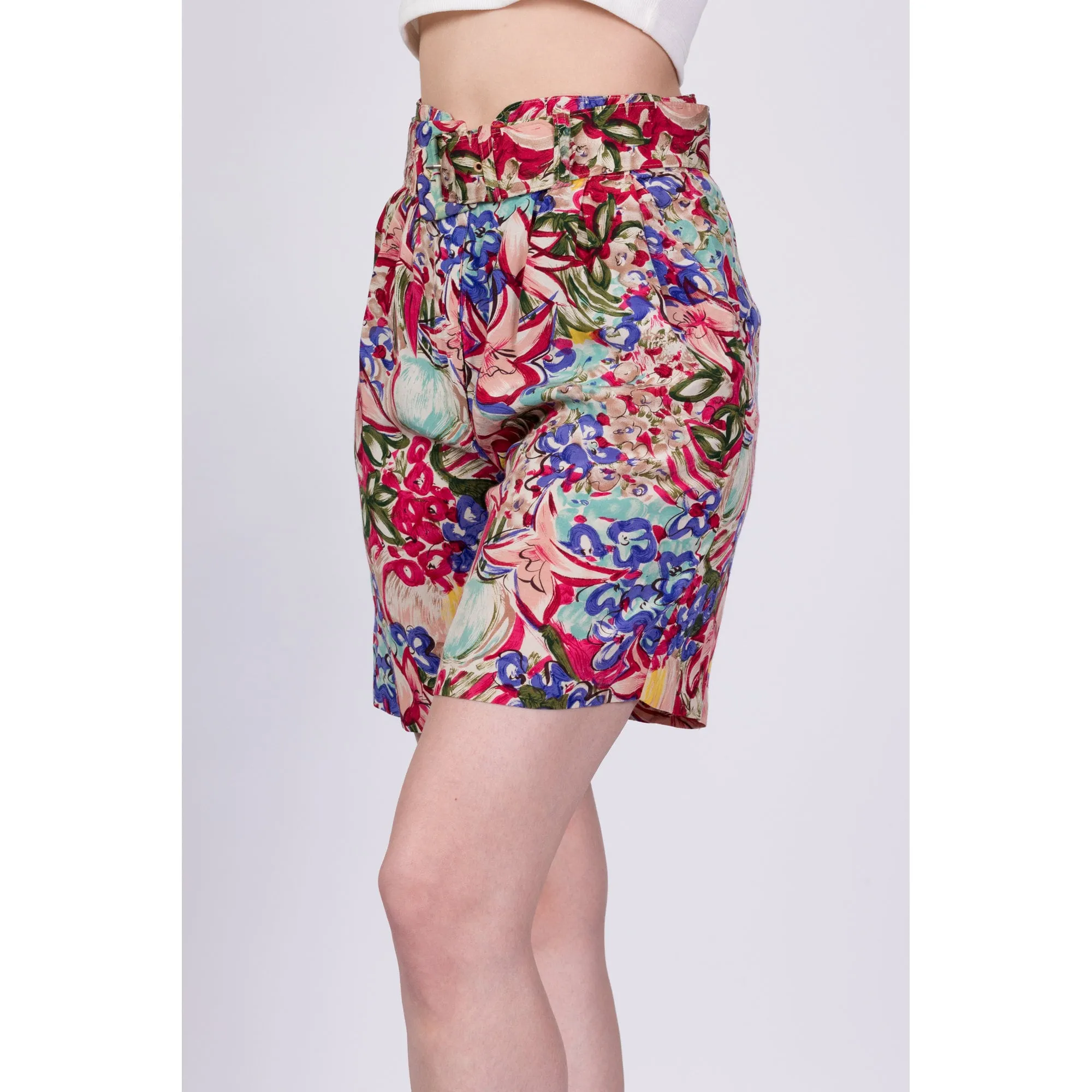 80s Floral Belted Shorts - Small, 26"