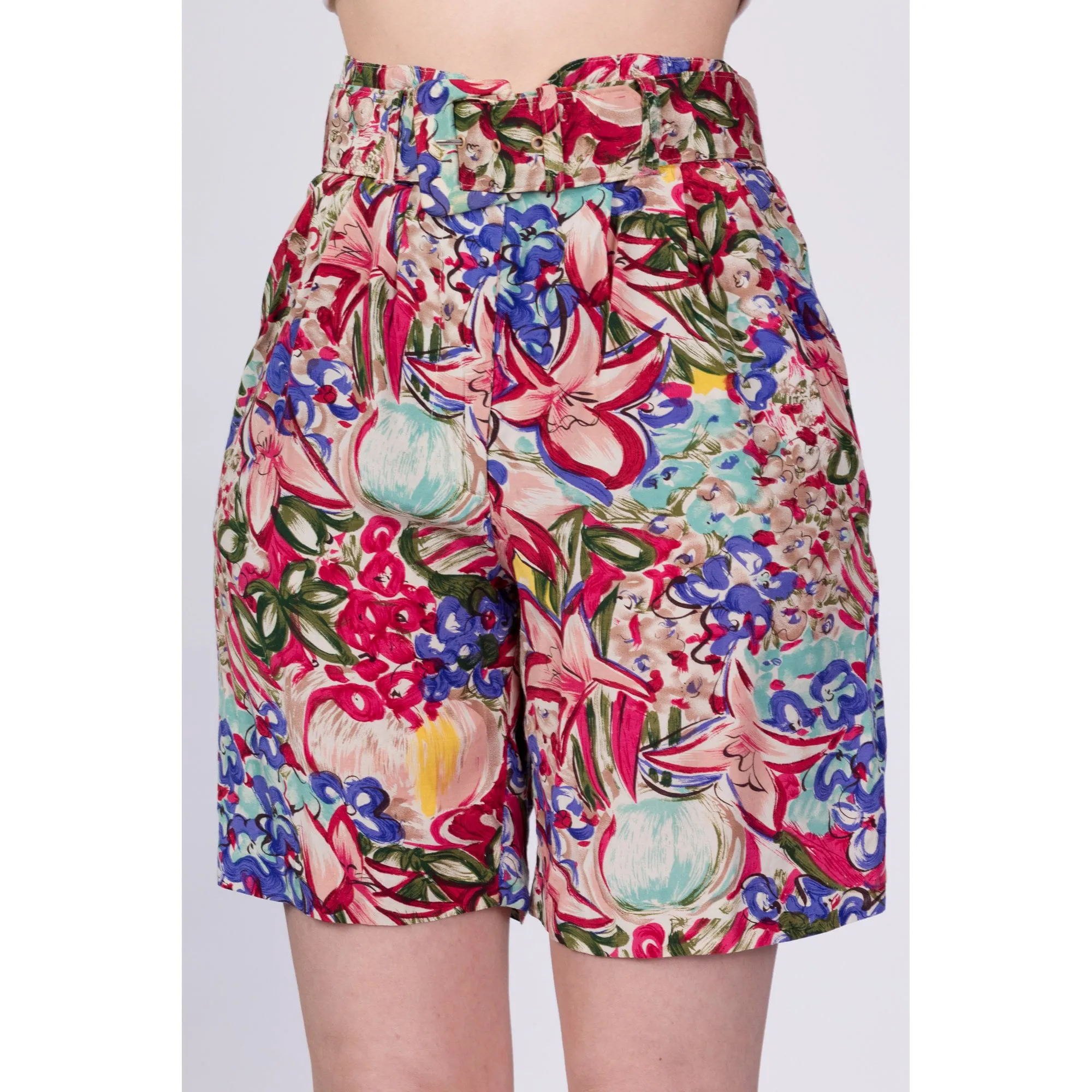 80s Floral Belted Shorts - Small, 26"