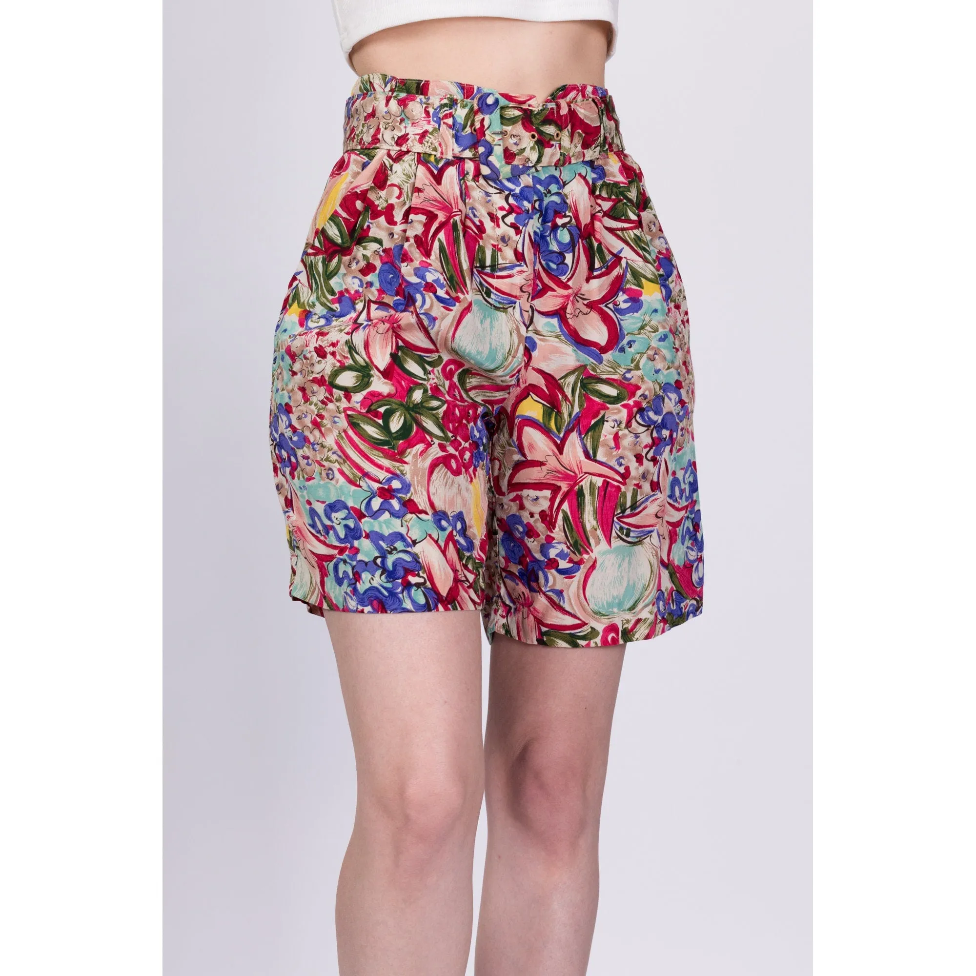 80s Floral Belted Shorts - Small, 26"