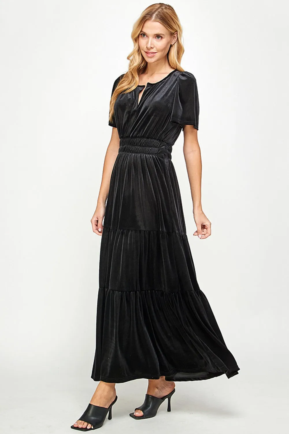 Black Velvet Tiered Midi Dress