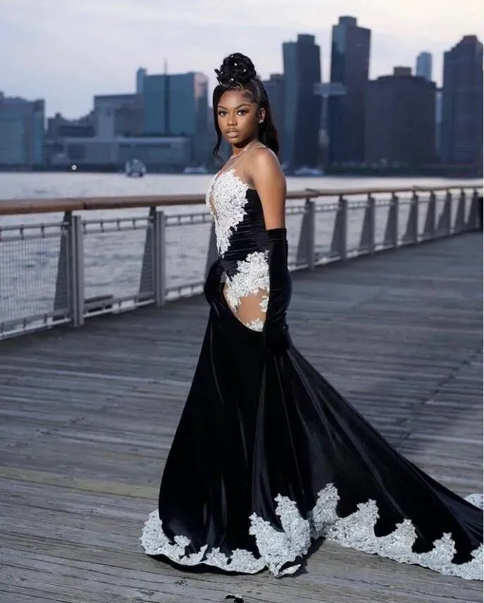 Black White Mermaid Long Evening Party Dresses Sexy See Through Luxury Applique Prom Birthday Dress with Gloves Velvet