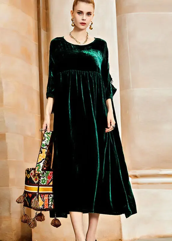 Blackish Wrinkled Silk Velvet Long Dresses Fall