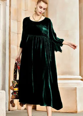 Blackish Wrinkled Silk Velvet Long Dresses Fall