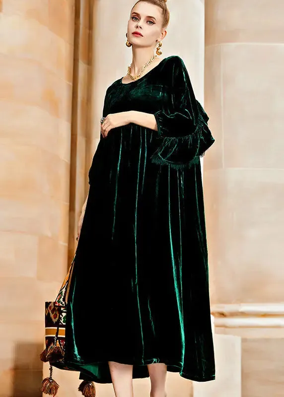 Blackish Wrinkled Silk Velvet Long Dresses Fall