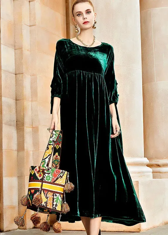 Blackish Wrinkled Silk Velvet Long Dresses Fall