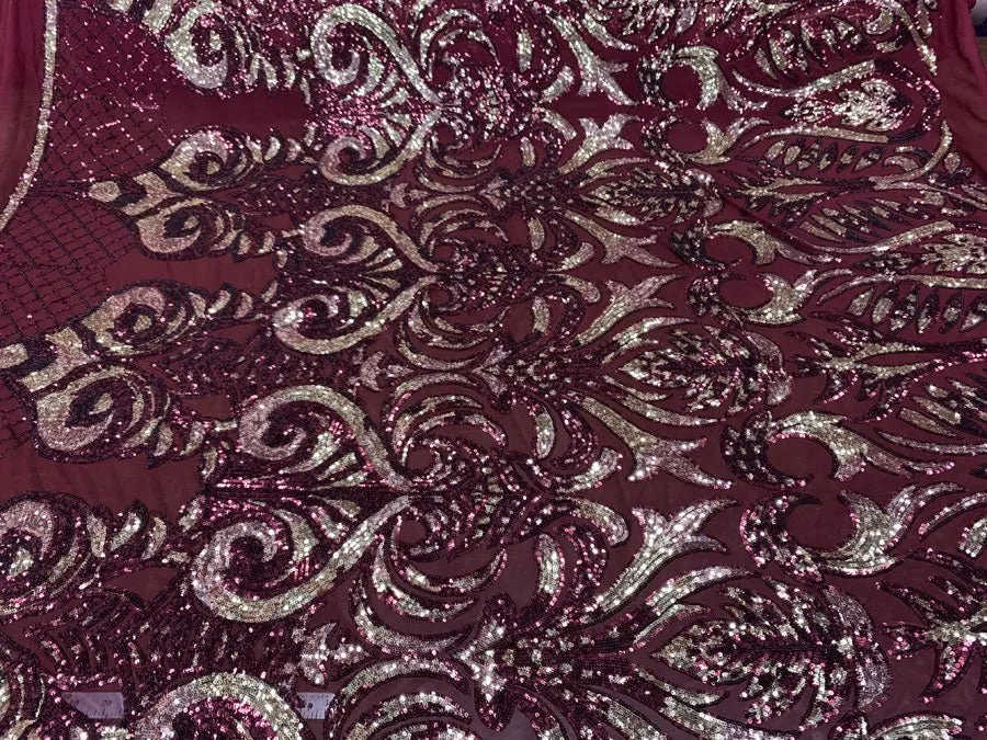 Bridal Burgundy and Gold Sequin Embroidery on Burgundy Stretch Mesh Fabric