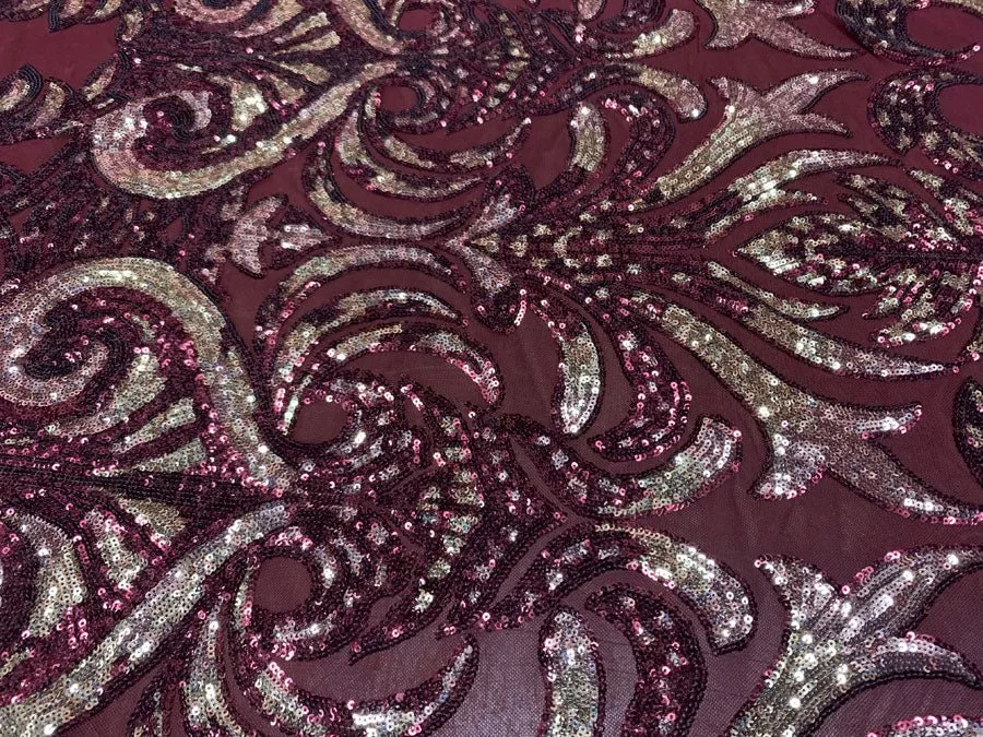 Bridal Burgundy and Gold Sequin Embroidery on Burgundy Stretch Mesh Fabric