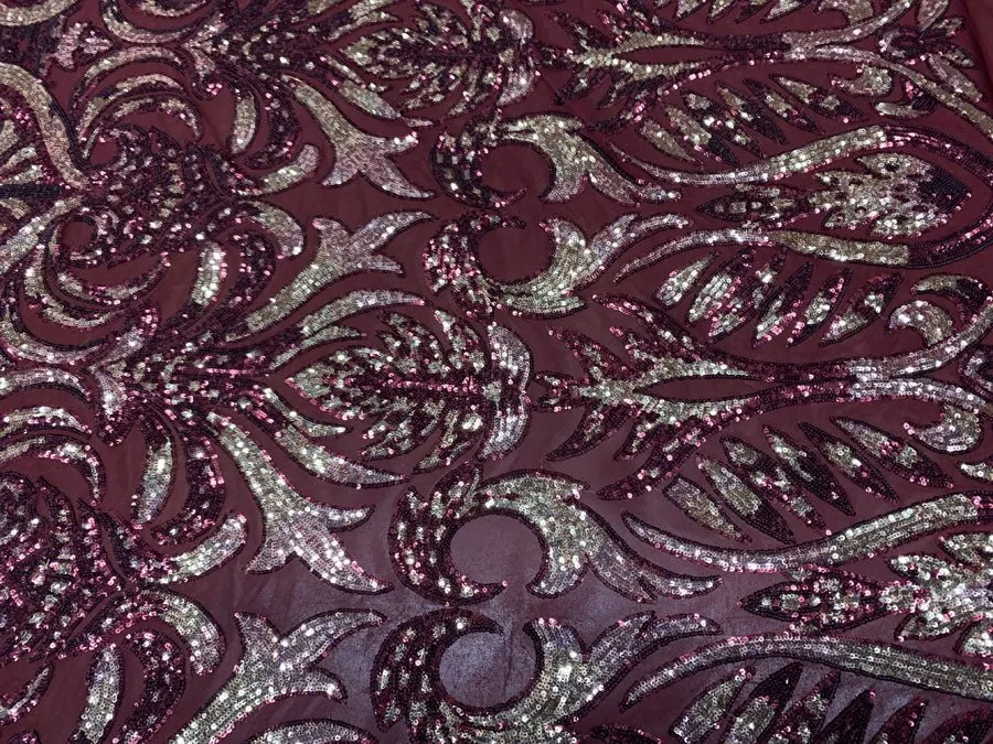 Bridal Burgundy and Gold Sequin Embroidery on Burgundy Stretch Mesh Fabric