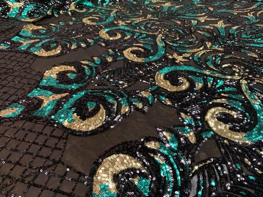 Bridal Green and Gold Sequin Embroidery on Black Stretch Mesh Fabric