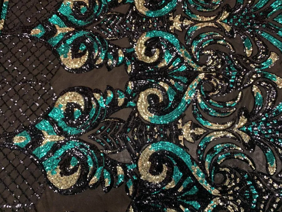 Bridal Green and Gold Sequin Embroidery on Black Stretch Mesh Fabric