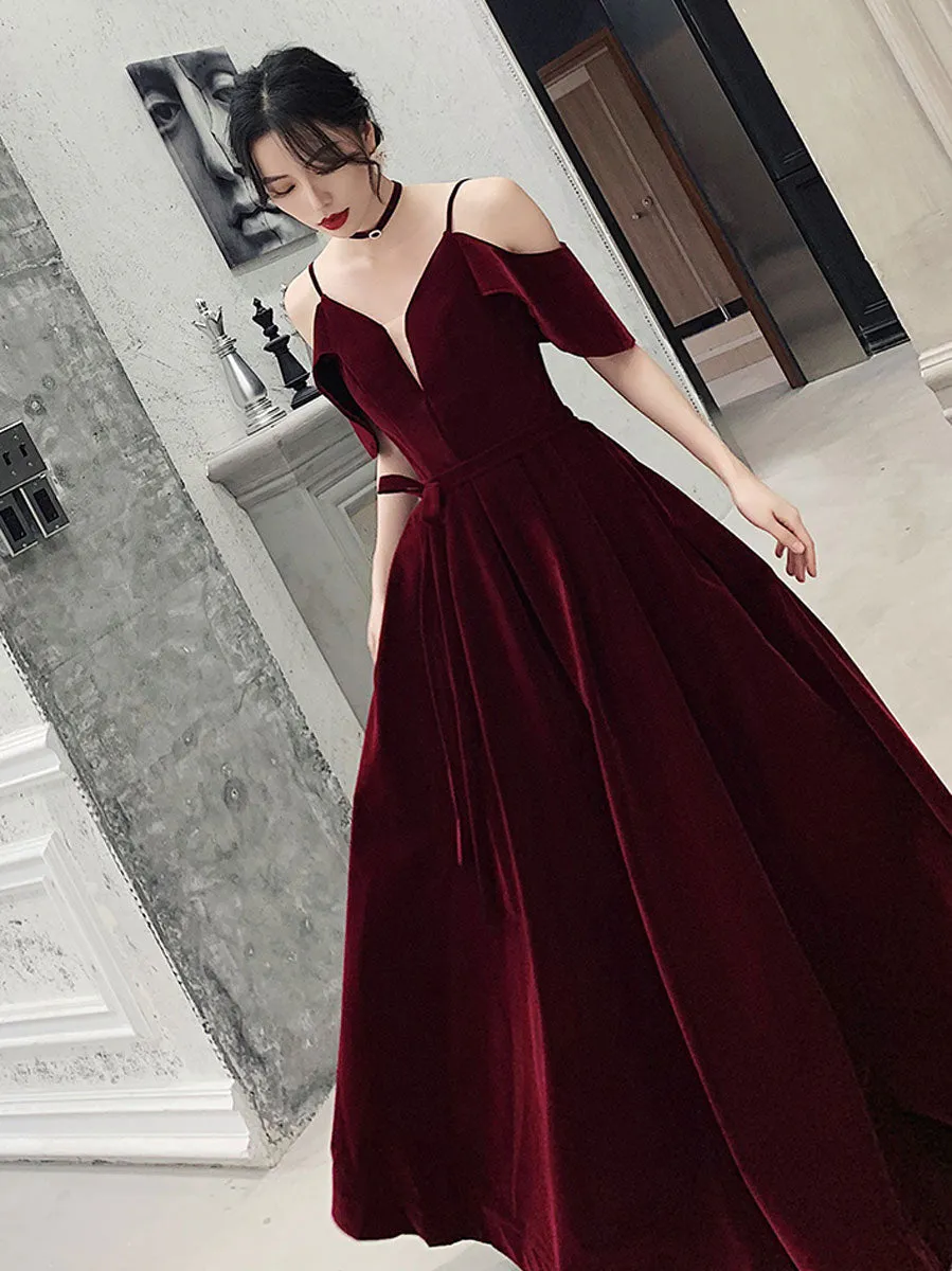 Burgundy Off Shoulder Velvet Long Prom Dress, Burgundy Formal Evening Dresses