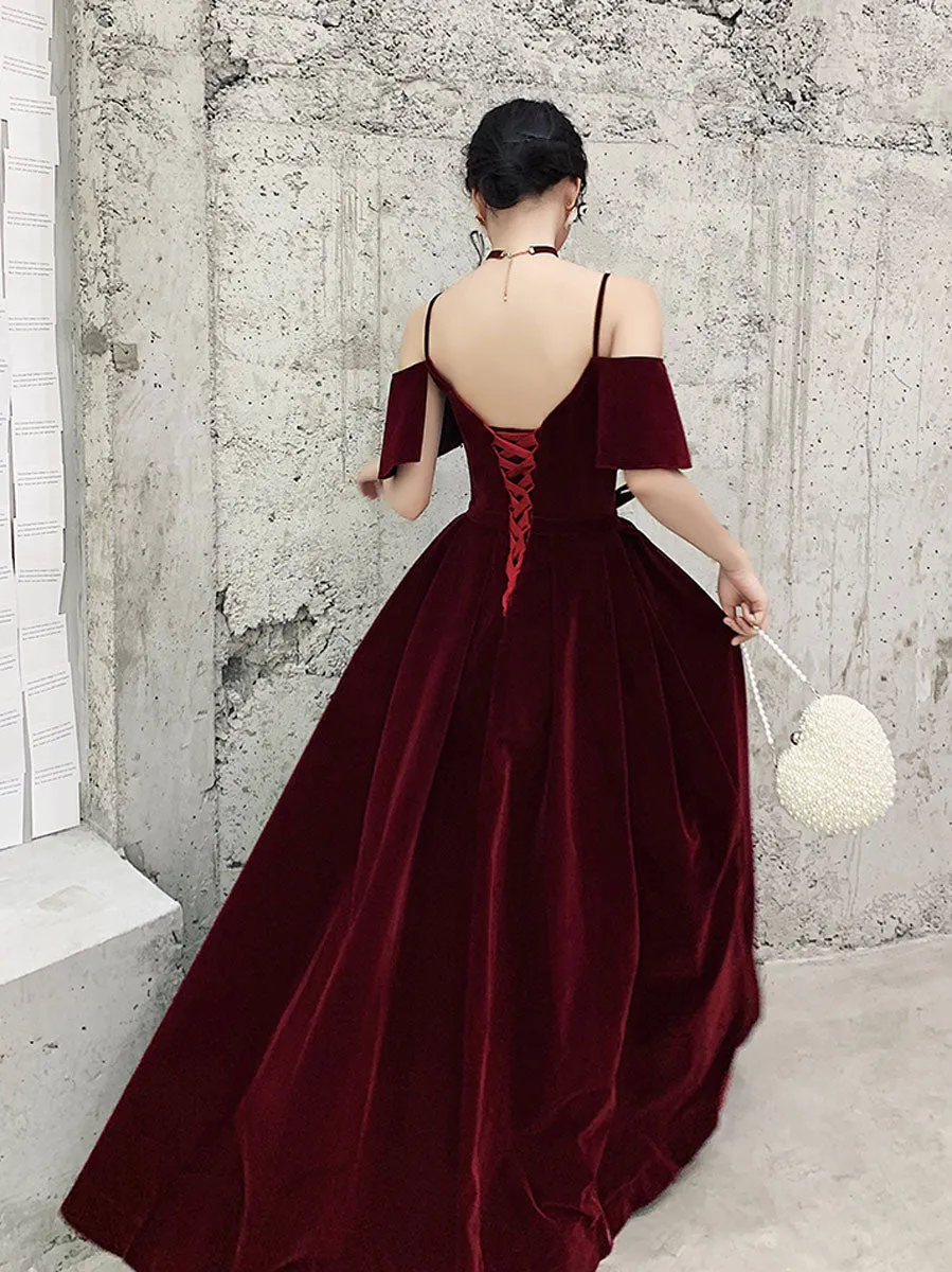 Burgundy Off Shoulder Velvet Long Prom Dress, Burgundy Formal Evening Dresses