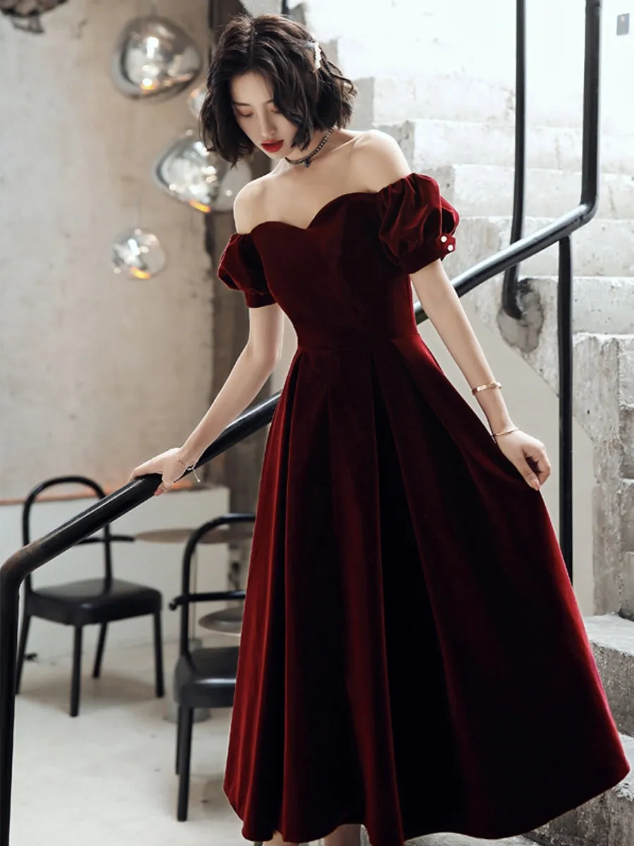 Burgundy velvet short prom dress party dress  8192