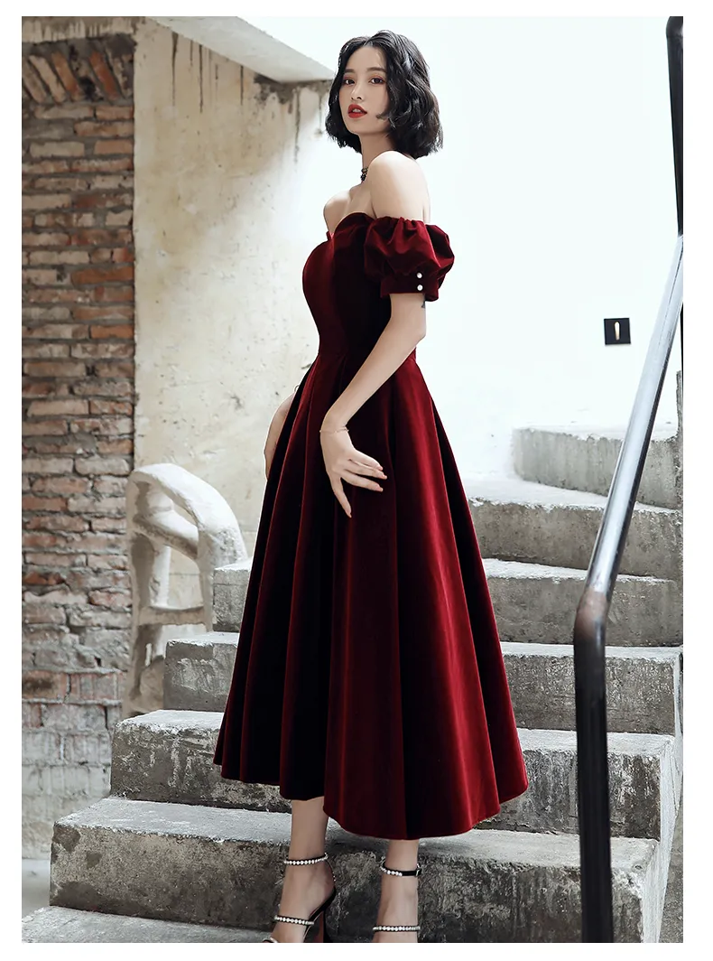 Burgundy velvet short prom dress party dress  8192