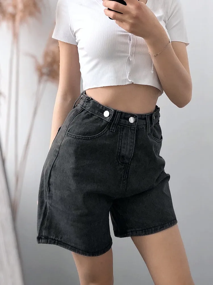 Button Closure High Waist Denim Shorts