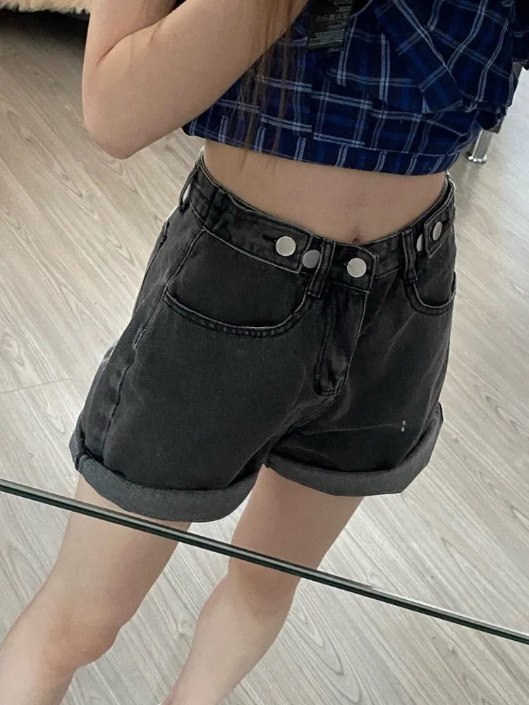 Button Closure High Waist Denim Shorts