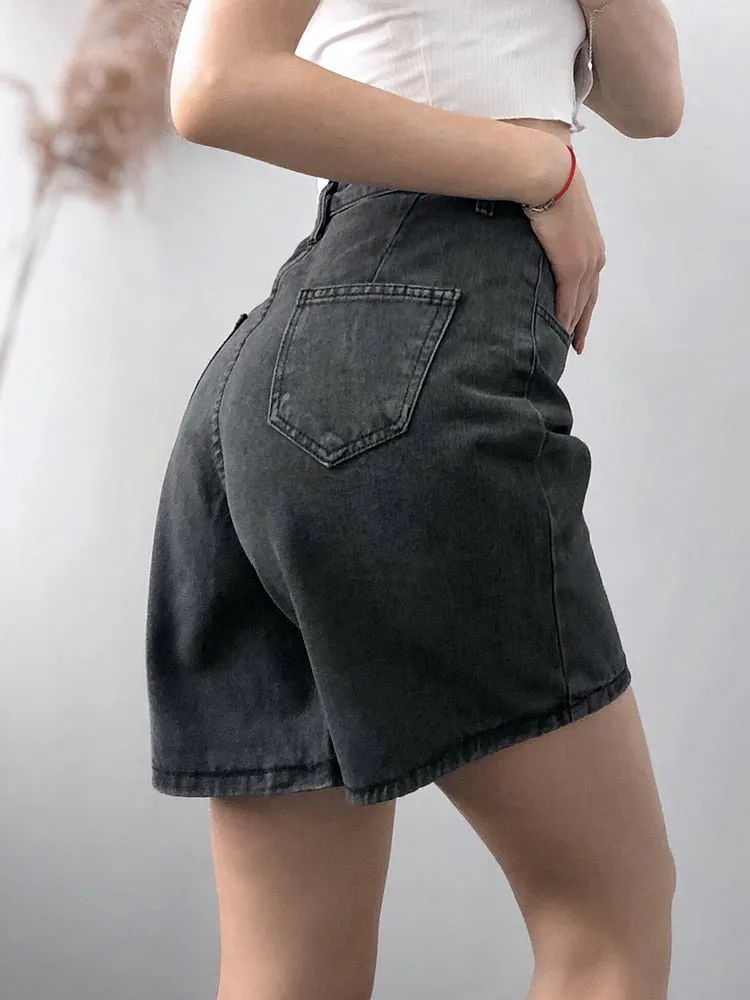 Button Closure High Waist Denim Shorts