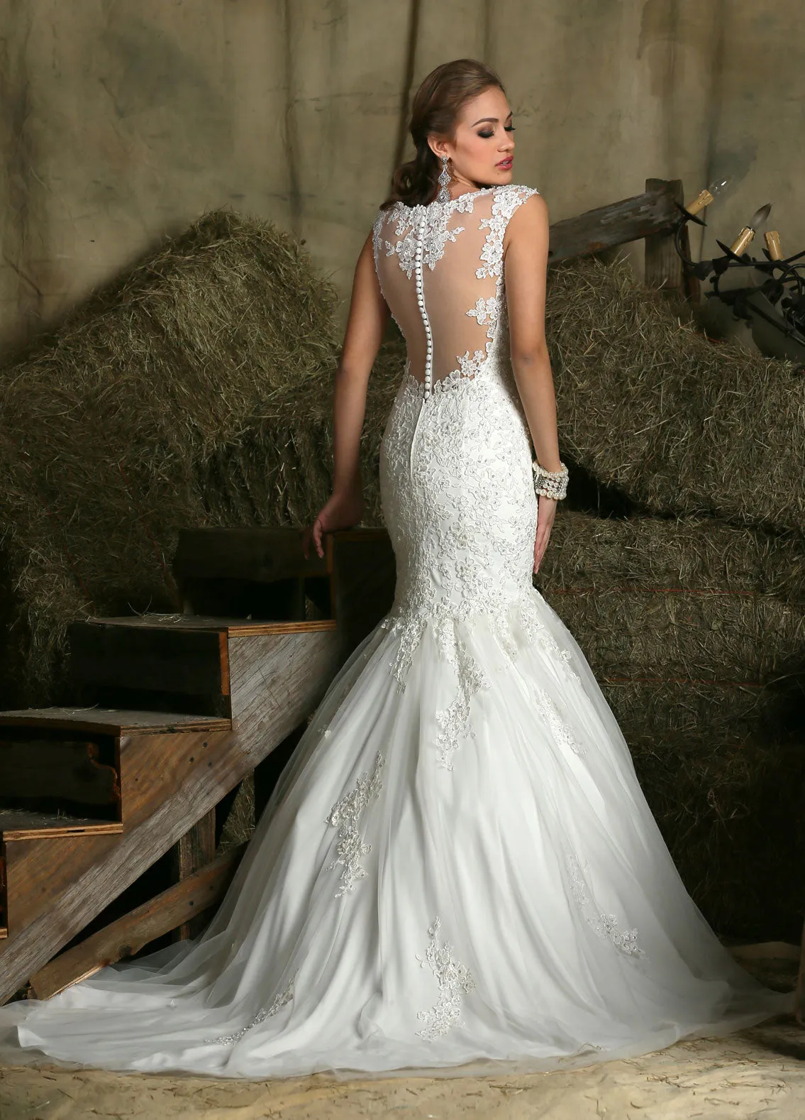 Davinci Bridal 50330 SZ 12 Lace Mermaid Wedding Dress Bridal Gown Sheer Back