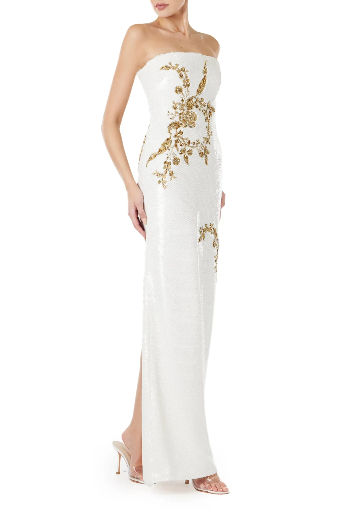 Embroidered Sequin Column Gown