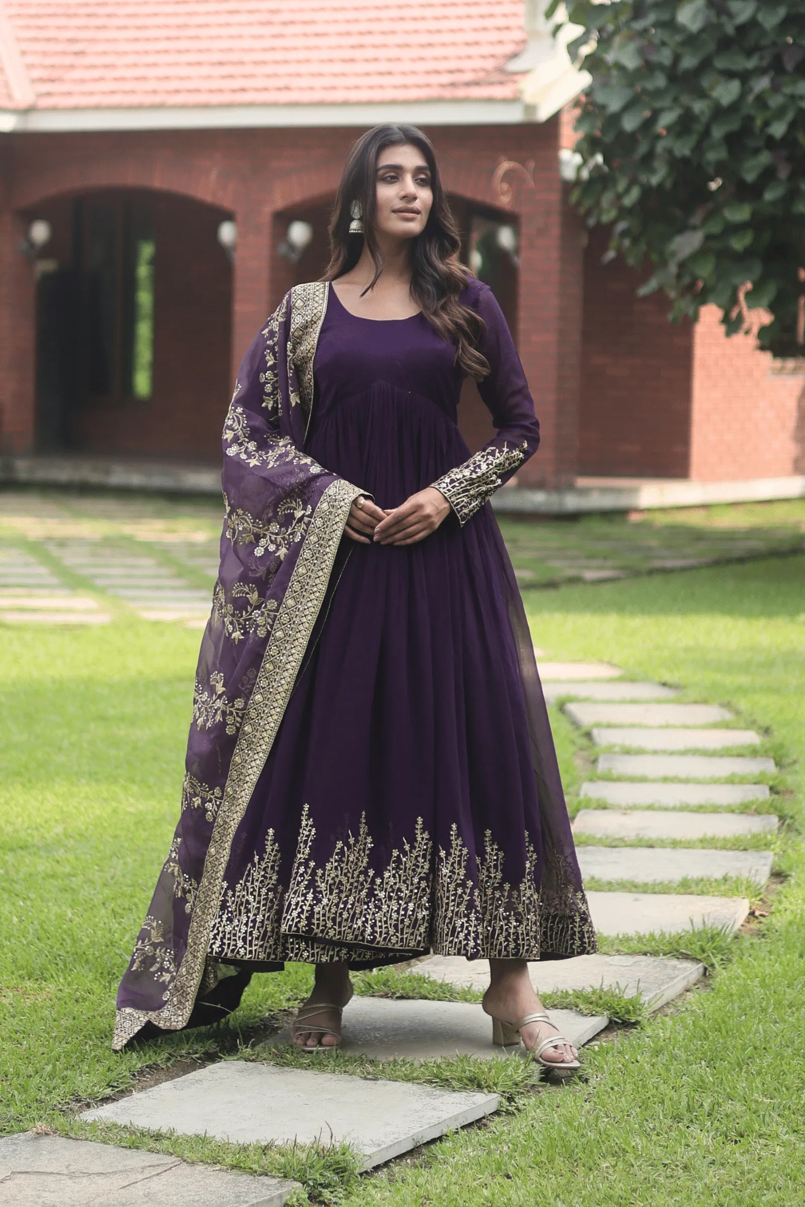 Glamwiz Sequin Embellished Wine Anarkali Suit