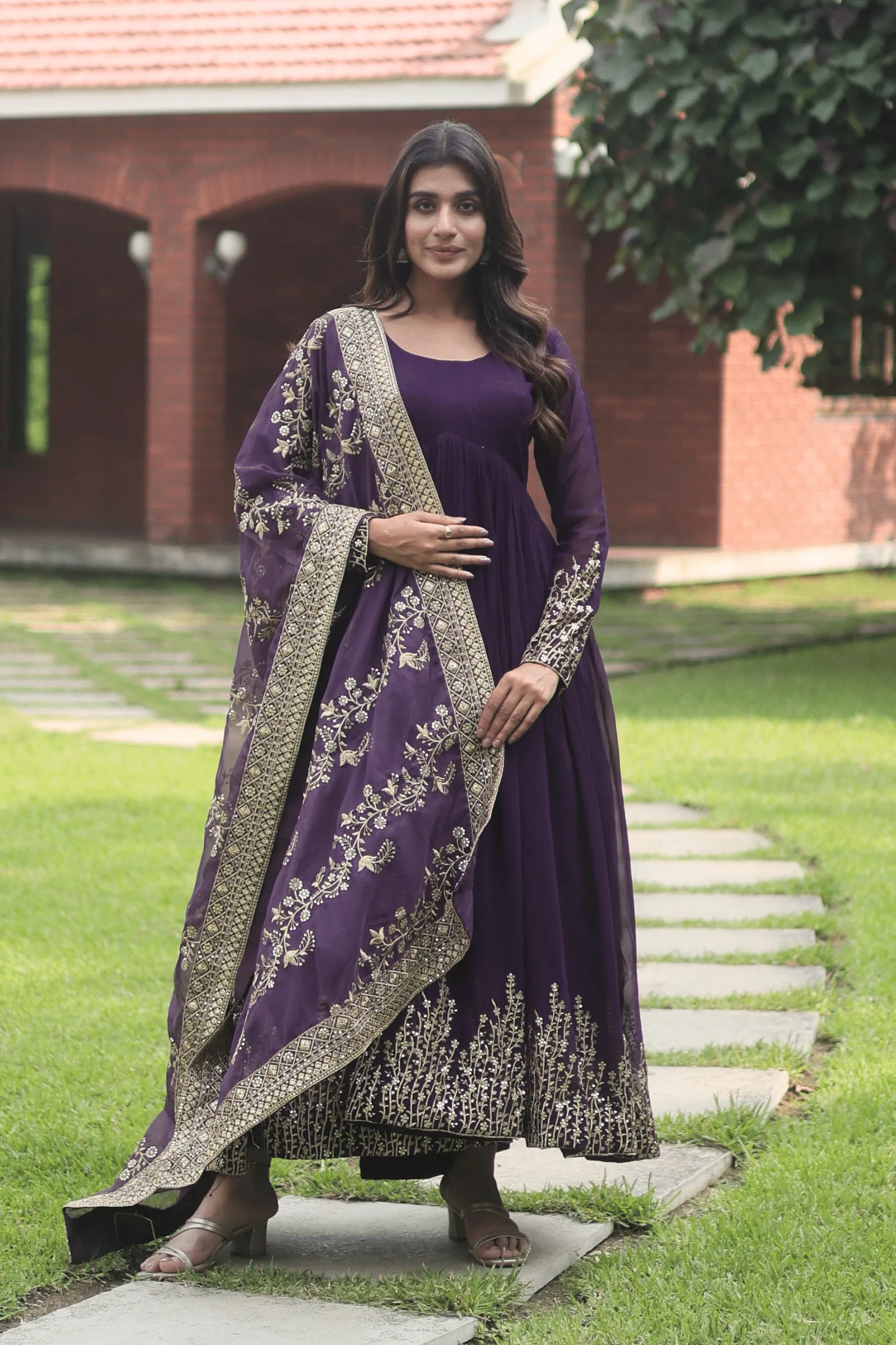 Glamwiz Sequin Embellished Wine Anarkali Suit