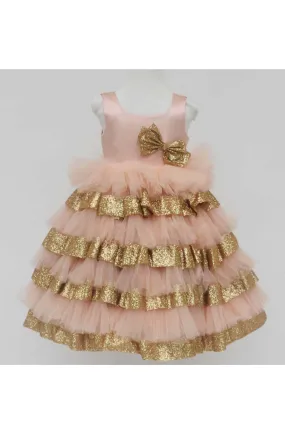 Golden sequin bow peach net dress