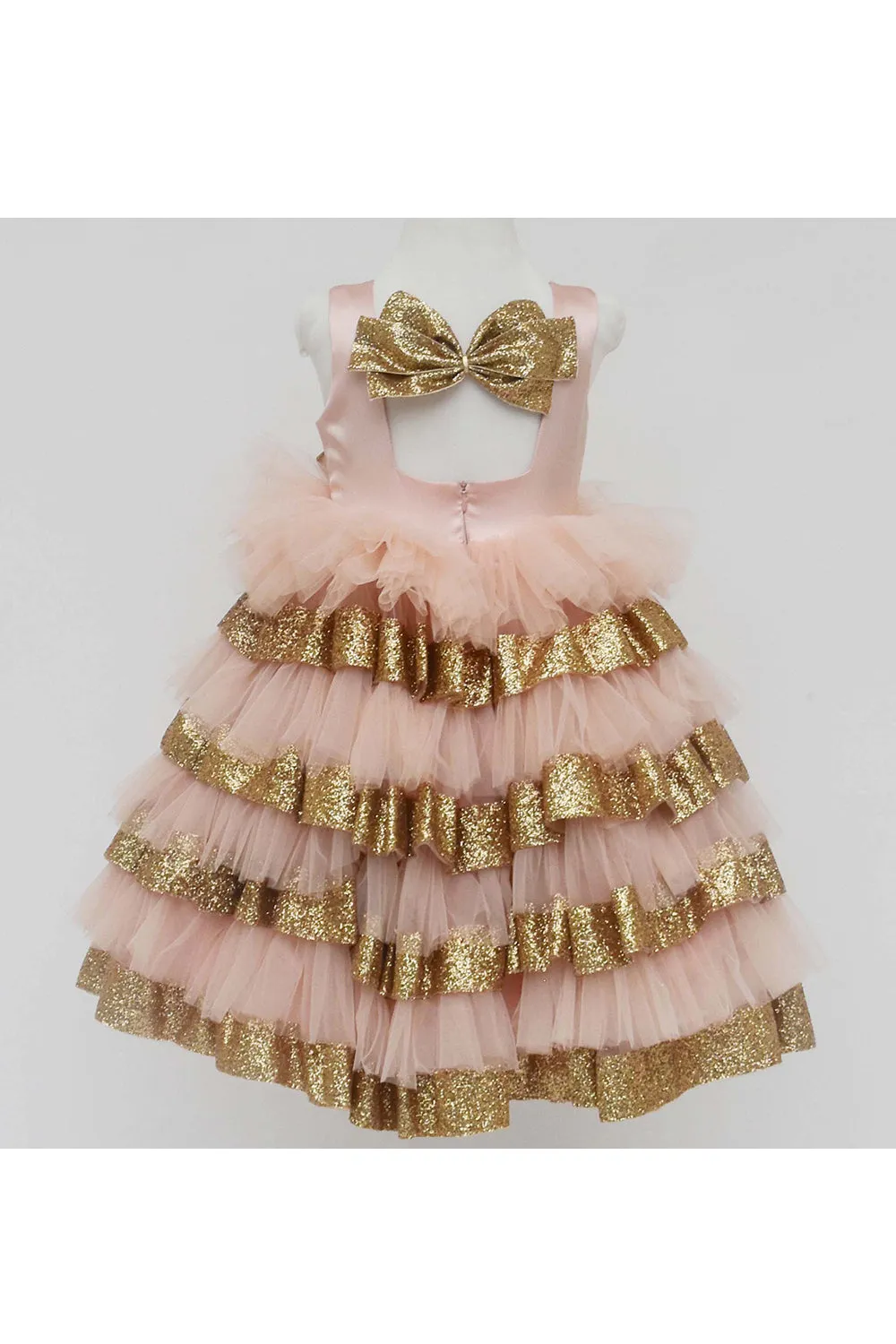 Golden sequin bow peach net dress