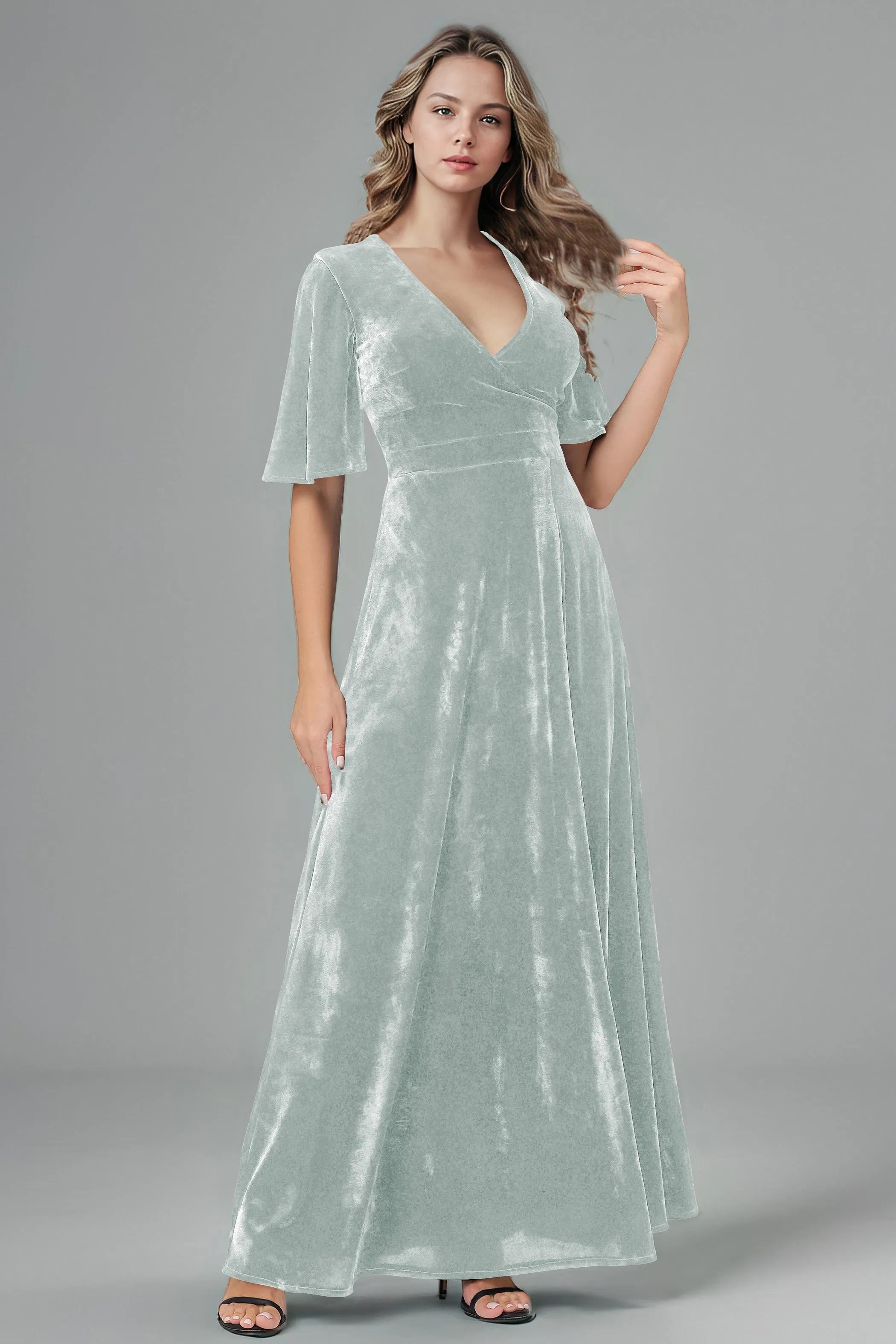 Half Sleeves Velvet A-Line V-Neck Bridesmaid Dresses with Slit