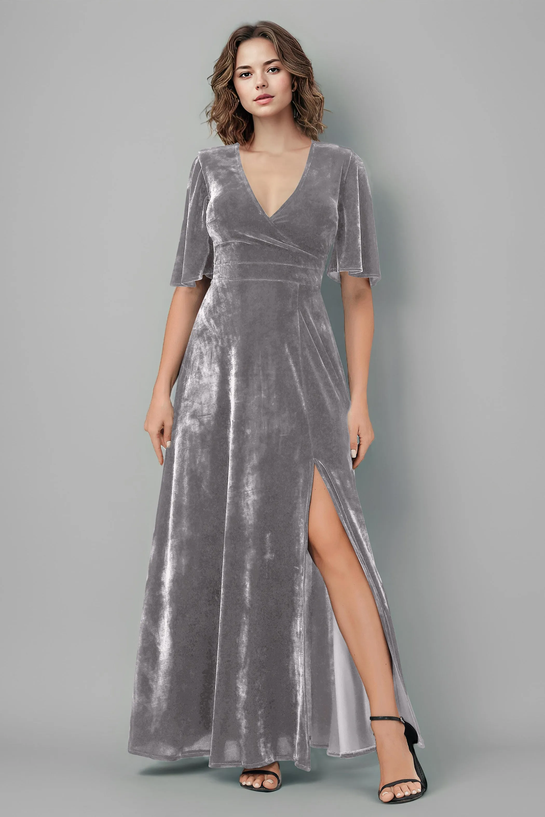 Half Sleeves Velvet A-Line V-Neck Bridesmaid Dresses with Slit