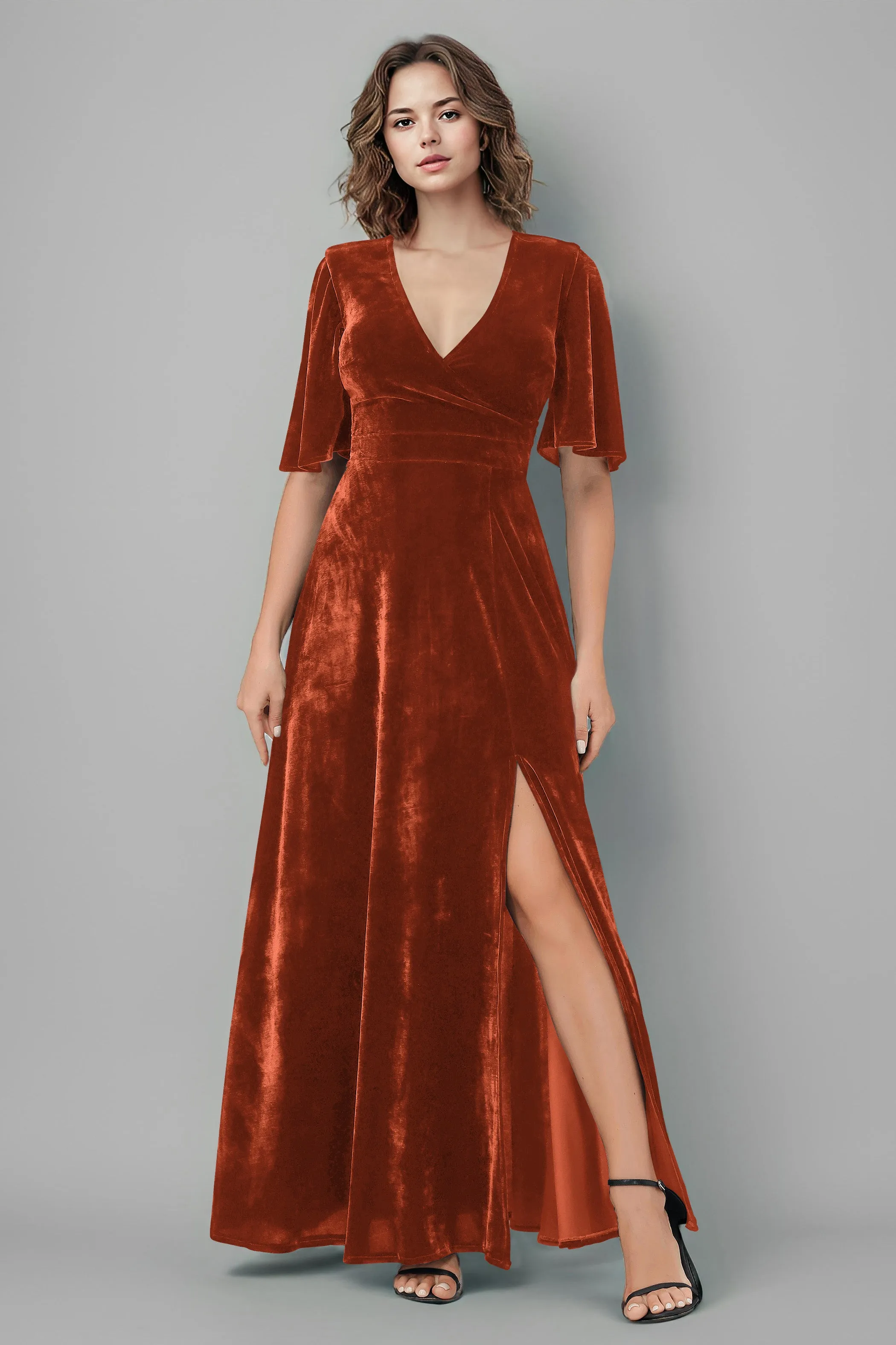 Half Sleeves Velvet A-Line V-Neck Bridesmaid Dresses with Slit