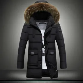 Hooded with large fur collar puffer jackets custom logo long black puffer jacket men