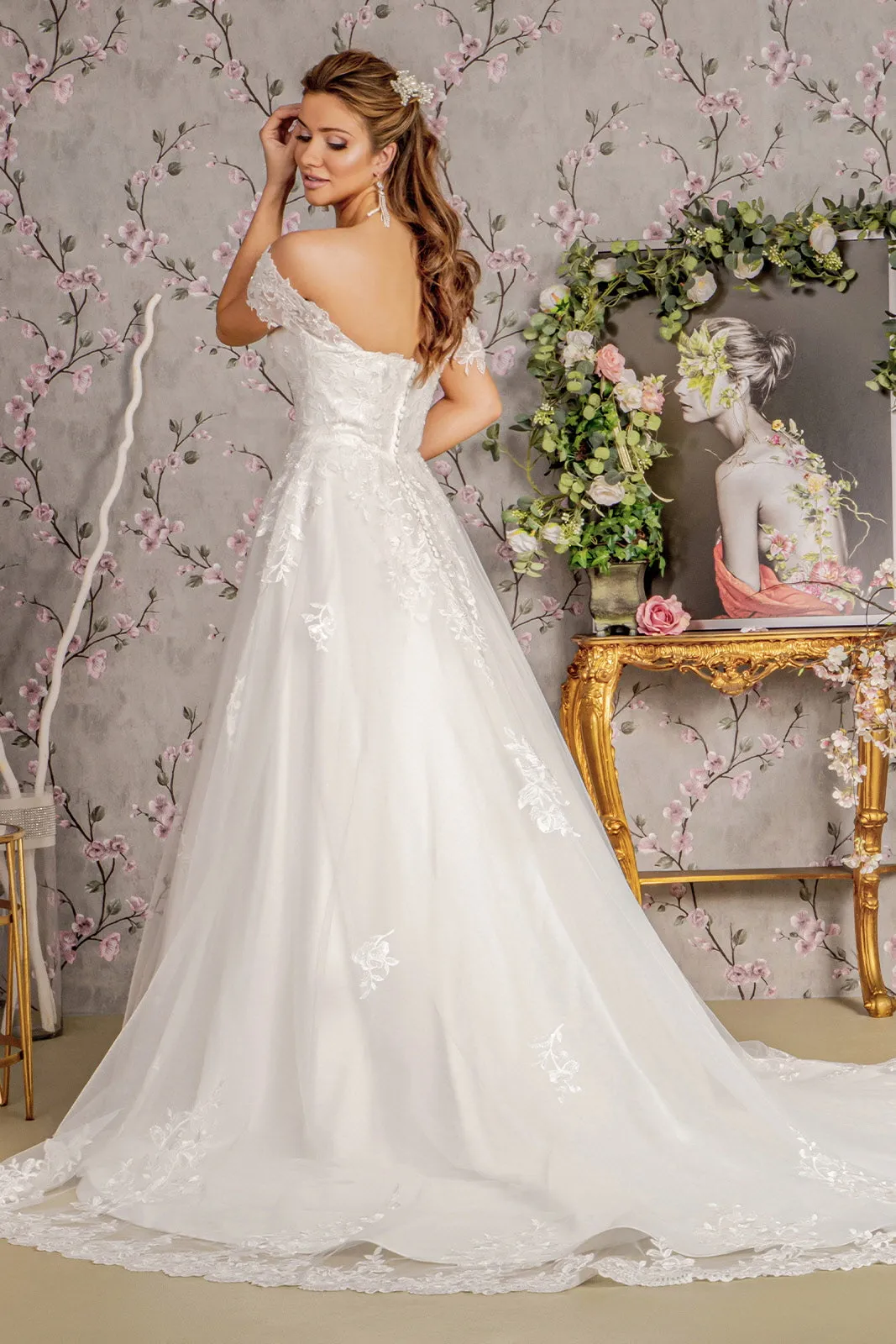 Jewel Embroidery Off Shoulder Mesh A-line Wedding Gown GLGL3481