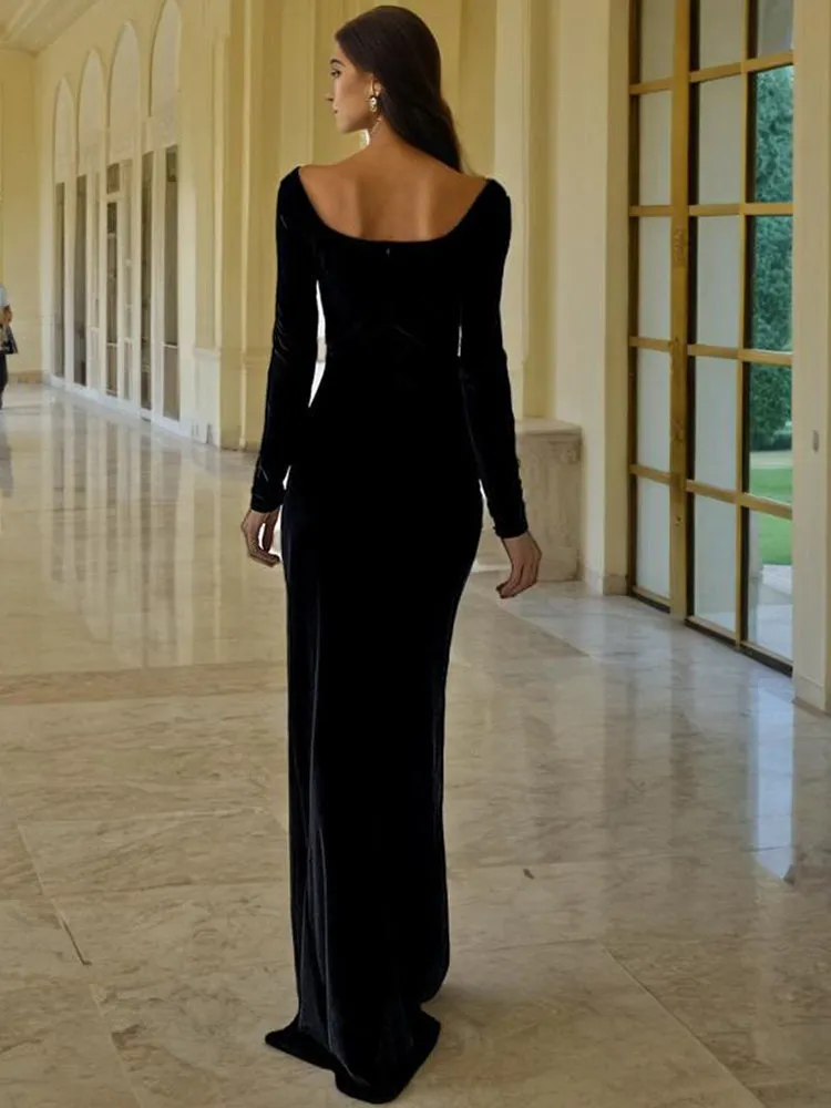 Long Sleeves Black Velvet Mermaid Prom Dresses with Slit