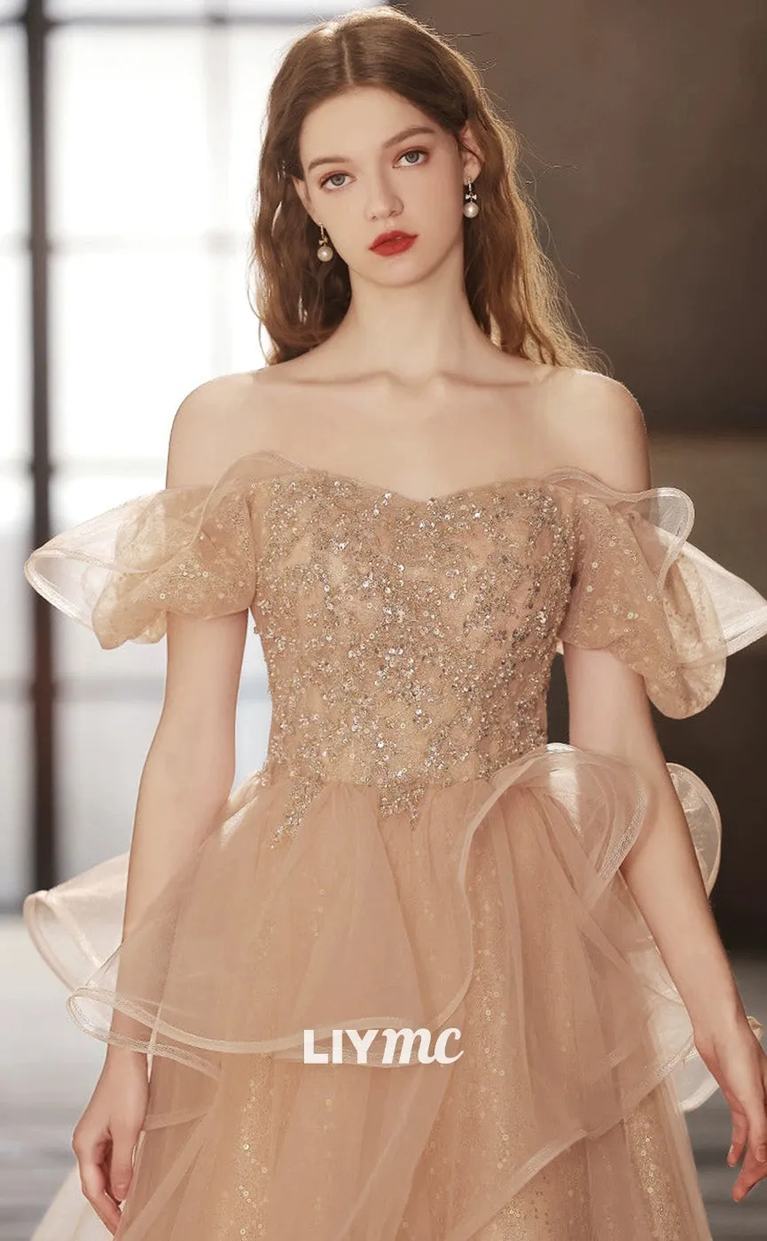 LP1877 - Champagne Tulle Sequin Long Prom Dress, Champagne Sequin Long Formal Dress