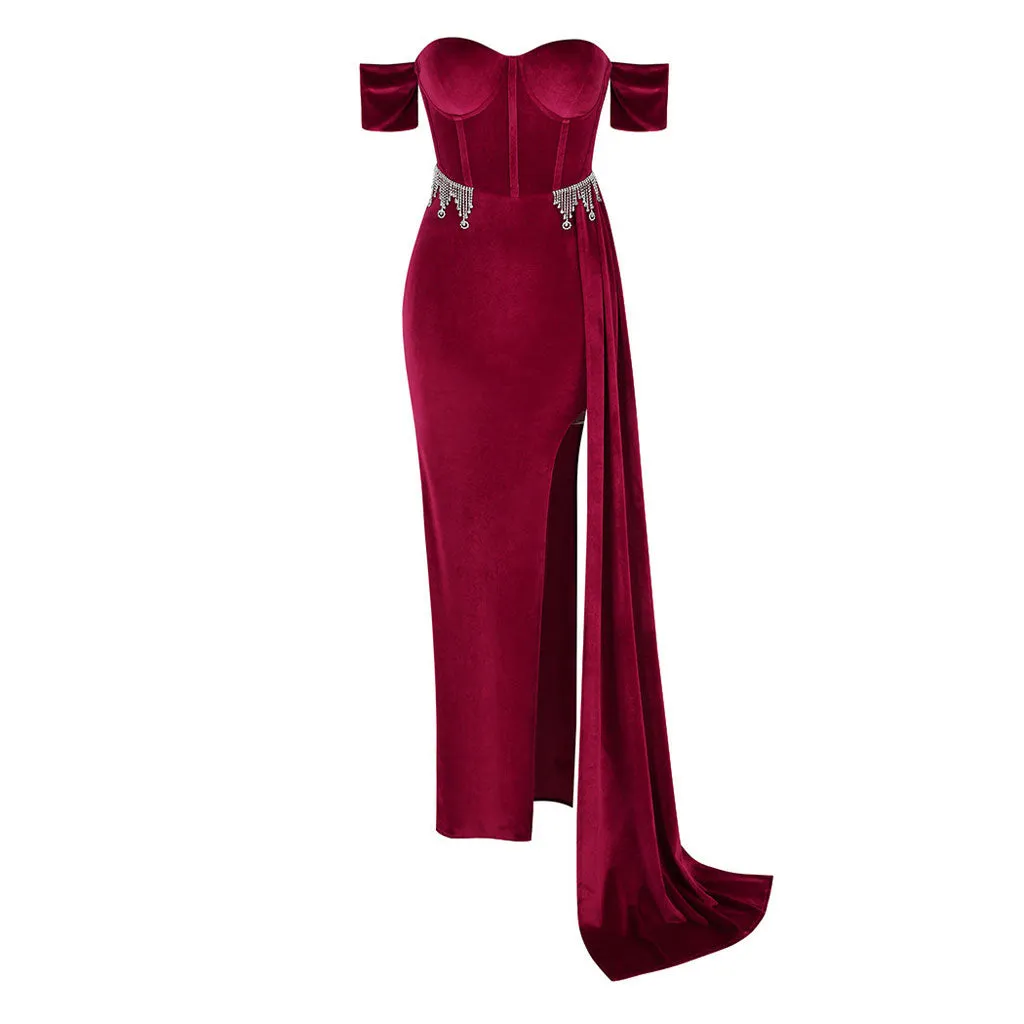 Luxury Crystal Embellished Off The Shoulder Sweetheart Corset Split Maxi Velvet Dress