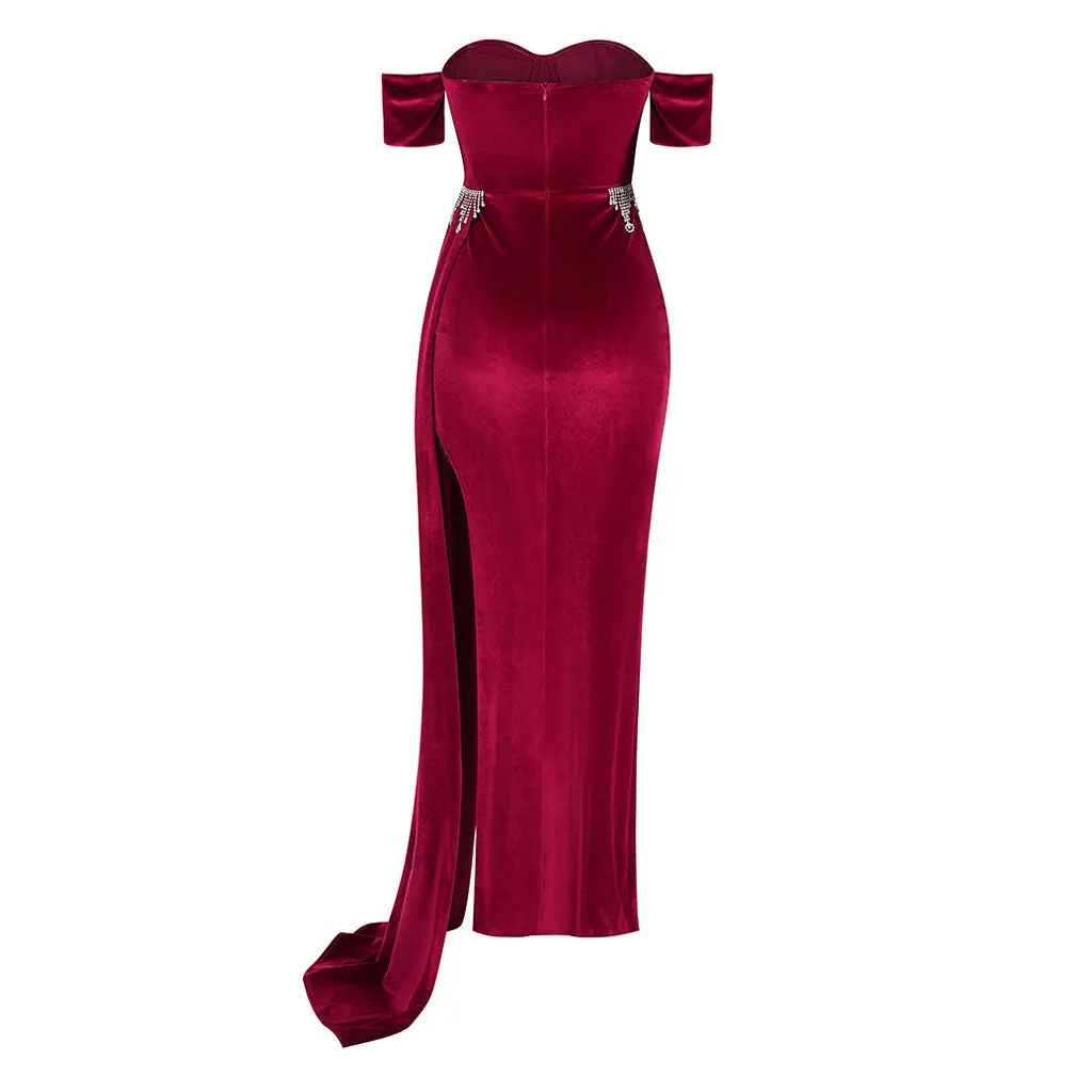 Luxury Crystal Embellished Off The Shoulder Sweetheart Corset Split Maxi Velvet Dress