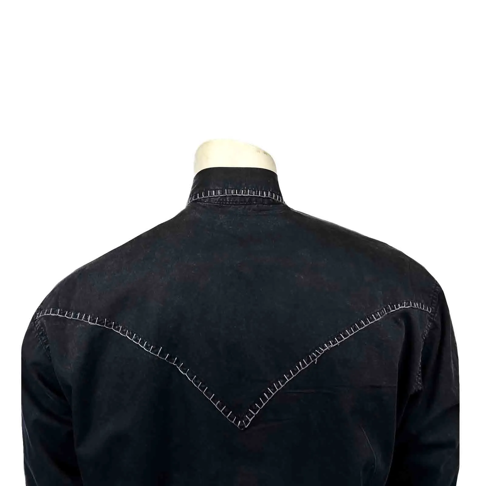 Men's Black Stonewashed Denim Blanket Stitch Western Shirt