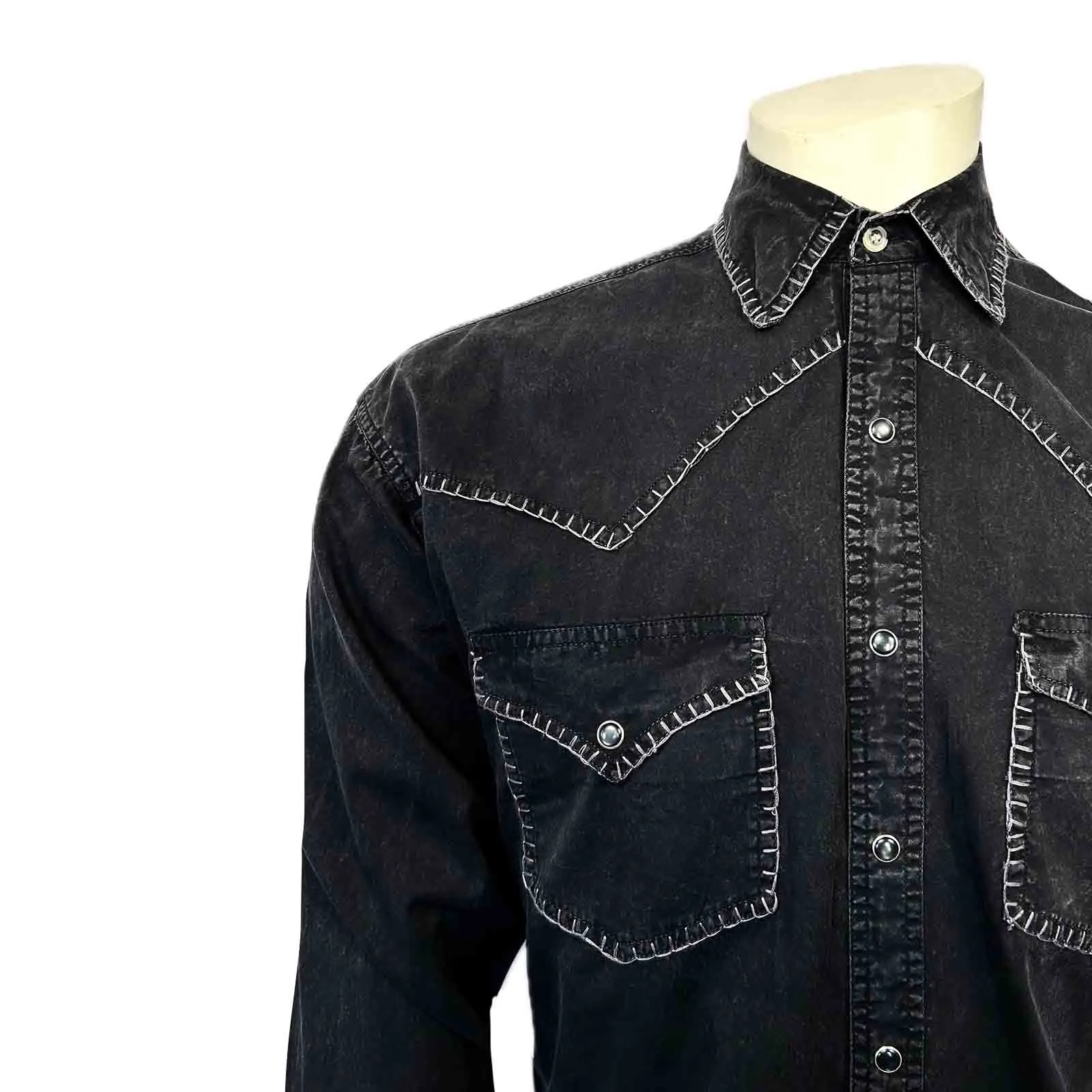 Men's Black Stonewashed Denim Blanket Stitch Western Shirt