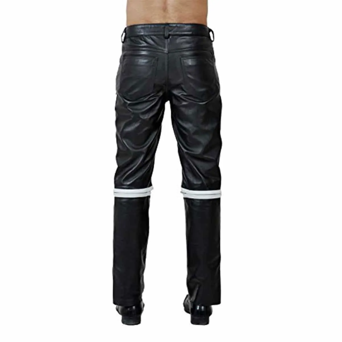 Mens Black with White Stripes Leather Bikers Pants Jeans - JEANS1