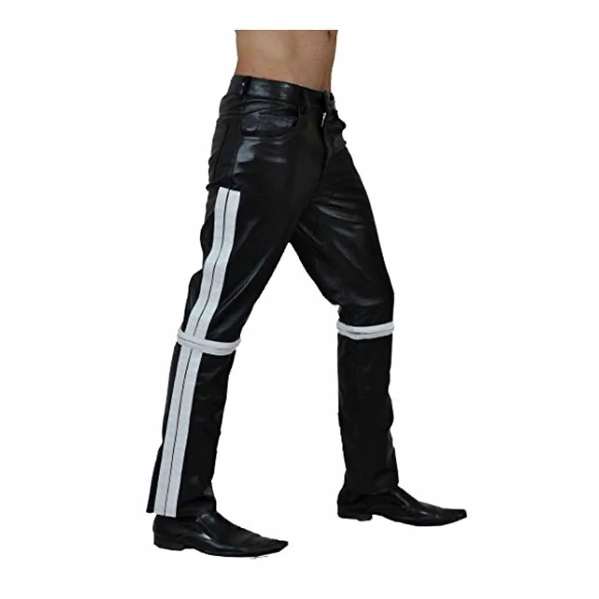 Mens Black with White Stripes Leather Bikers Pants Jeans - JEANS1