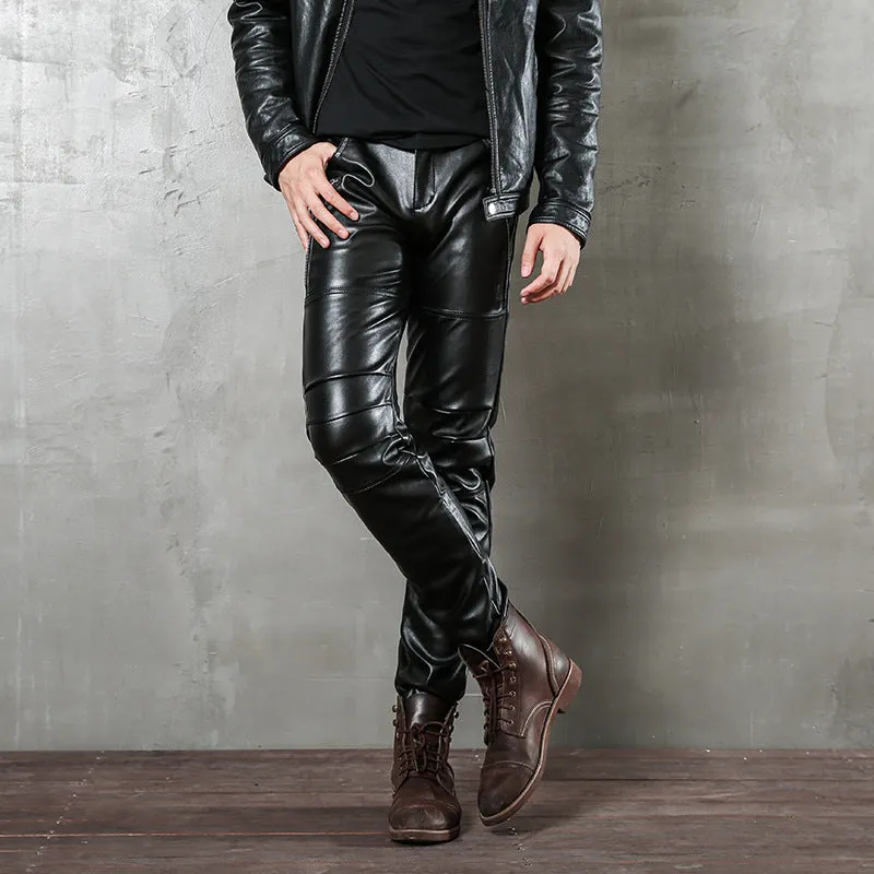 Mens Leather Pants Punk Tight Long Pencil Pants Male Micro Elastic Motorcycle Pants