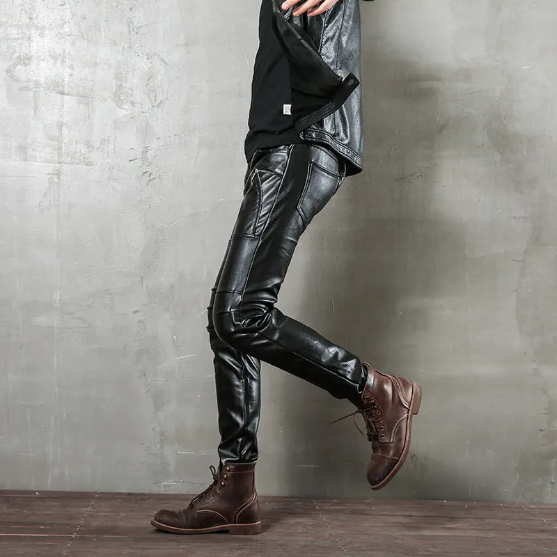 Mens Leather Pants Punk Tight Long Pencil Pants Male Micro Elastic Motorcycle Pants