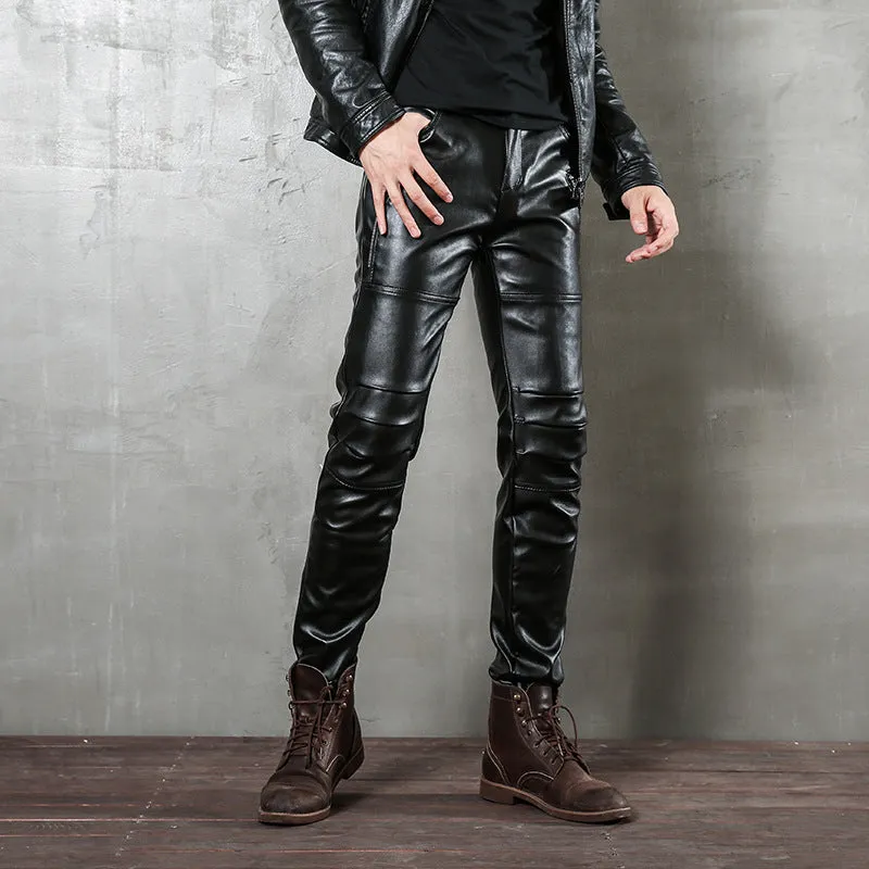 Mens Leather Pants Punk Tight Long Pencil Pants Male Micro Elastic Motorcycle Pants