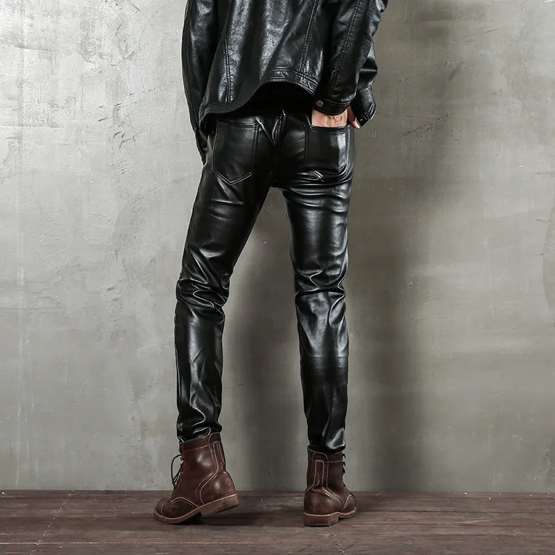 Mens Leather Pants Punk Tight Long Pencil Pants Male Micro Elastic Motorcycle Pants