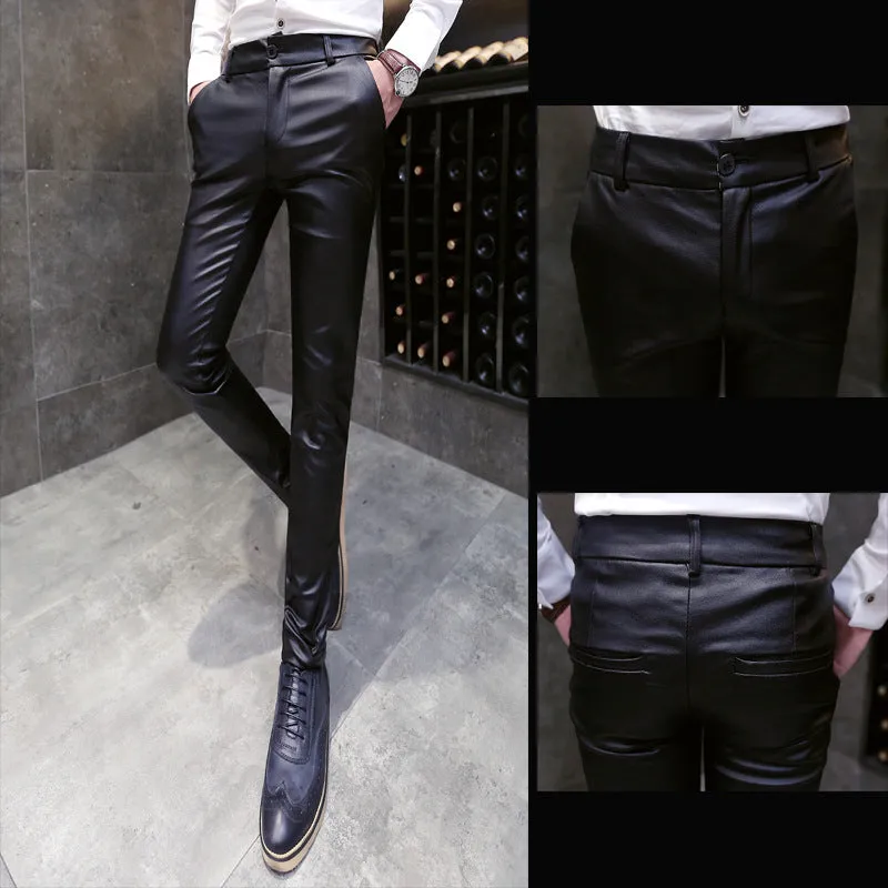 Mens Leather Pants Straight Ankle-Tied Pants Men's Casual Pants Youth Slim Pants